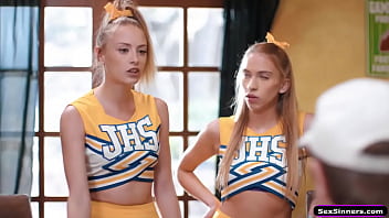 Teen cheerleaders receive anal and deepthroat from coach in group